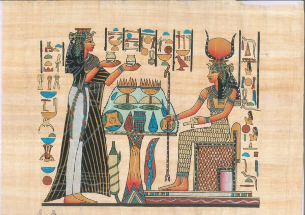 The queen NEFERTARY standing before an offering table proffers two ritual vases to the goddess HATHOUR, which her Classical picture showed her as a public goddess. As she was the goddess of happiness, dancing and music, she was portrayed as a shape of a beautiful woman and merry woman. HATHOUR És temples and her names are uncounted. Queen NEFERTARY was the favorite wife for the king RAMSES II. Her tomb is the finest in the valley the queens at Thebes.