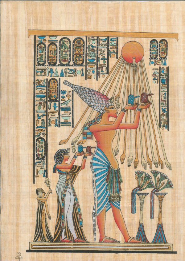 this relief represents the king Akhnaton followed by his wife Nefertiti and his daughter giving flowers to Aton