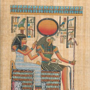 the god re-haracty has a abloom a man and the head of a falcon, the sun above him and behind him sets the goddess Hathor