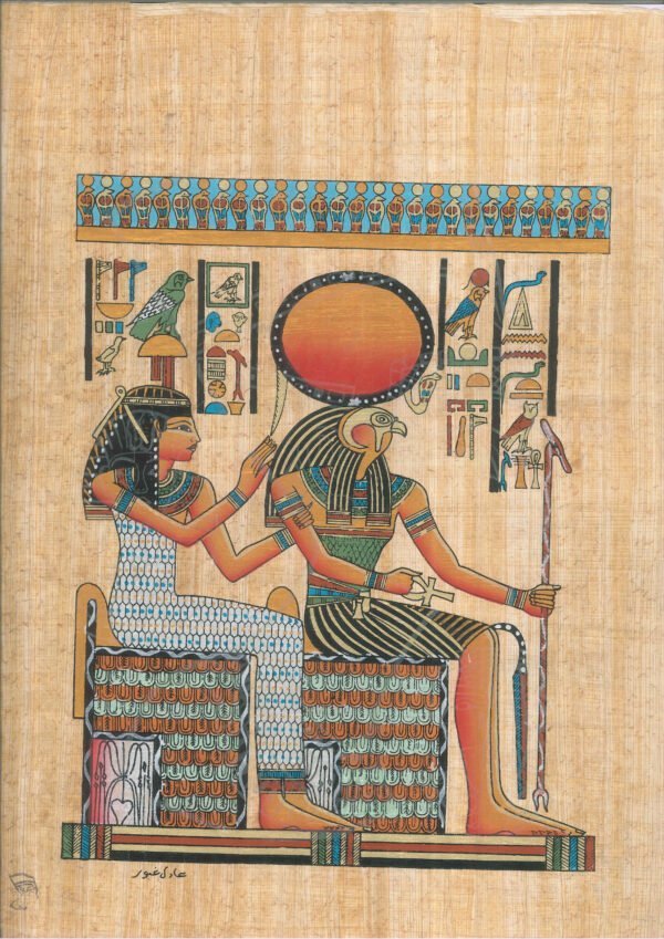 the god re-haracty has a abloom a man and the head of a falcon, the sun above him and behind him sets the goddess Hathor