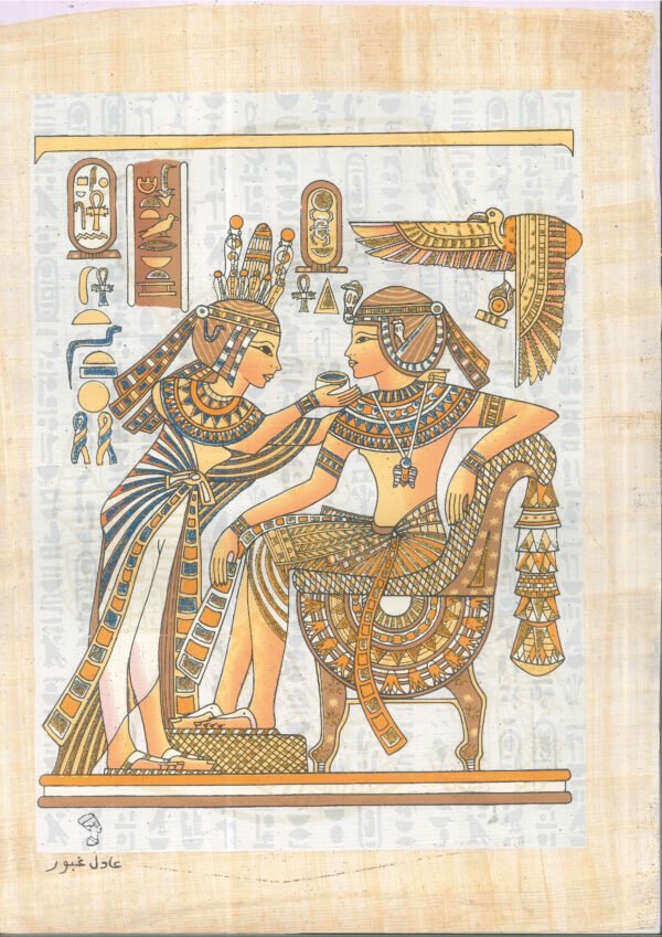 this views the king Tutankhamun, who is shown here sitting on the throne, which was made of wood with sheet gold and adorned with semiprecious stones, and in front of him his wife in a bow position