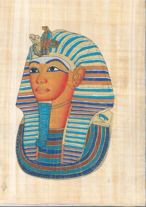 The death mask is an absolute masterpiece of Egyptian art! Originally, it was placed directly on the shoulders of the mummy inside the innermost gold coffin. Can you believe that the mask is made of two sheets of gold that were hammered together and weighs a whopping 22.5 pounds. (10.23 kg)