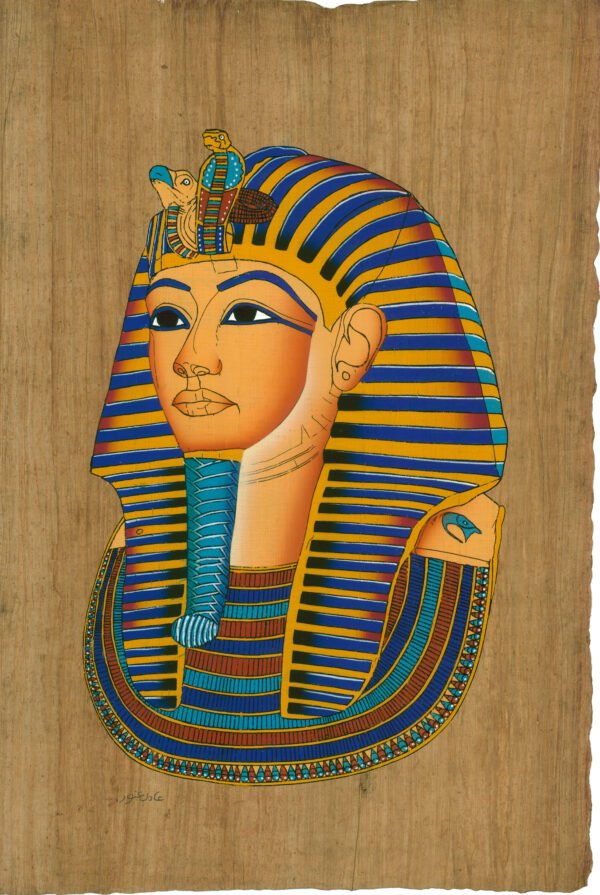 The death mask is an absolute masterpiece of Egyptian art! Originally, it was placed directly on the shoulders of the mummy inside the innermost gold coffin. Can you believe that the mask is made of two sheets of gold that were hammered together and weighs a whopping 22.5 pounds. (10.23 kg)