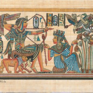 the famous king Tut is shown here, hunting the birds from a garden by arrows, his wife in front of him, holding flowers, while a lion beside Tut's chair