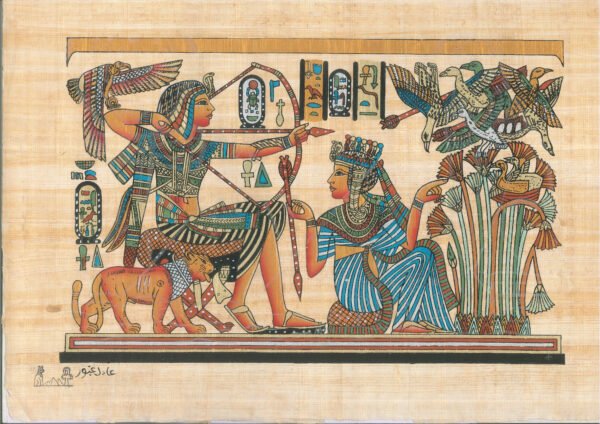 the famous king Tut is shown here, hunting the birds from a garden by arrows, his wife in front of him, holding flowers, while a lion beside Tut's chair