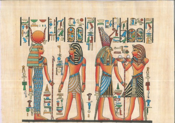 Double scene for the king Houmoheb, the first one, he presents two pots of liquid to the god Hours. in the second one, he stands worshiping to the goddess Hathor