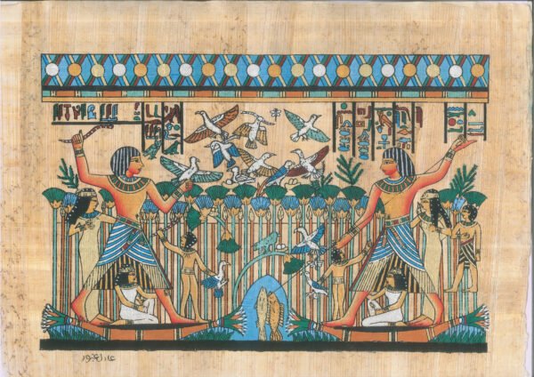 this view depicts the lord Menna and his family. he is shown here hunting the birds and fishing from upon his boat