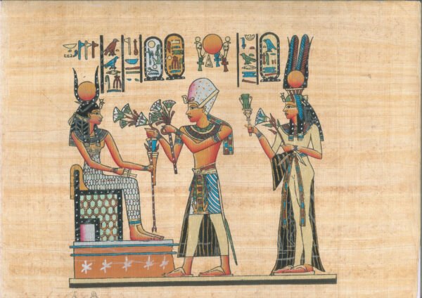 The king RAMSES II and his favorite wife NEFERTARY. They proffer flowers to the goddess HATHOR, who was appeared in her classical picture as a public goddess and a young beautiful woman, she always smile. Nefertary presents the sistrum to the goddess HATHOR by her right hand to make music to the goddess; in order to prevent her the bad evils.