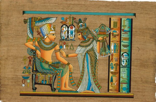 KING TUTANKHAMUN AND HIS WIFE HOLDING FLOWERS This view depicts the young king TUTANKHAMUN, who is shown here sitting on the throne and his TUTANKHASON, who was the third daughter for EKHNATON and NEFETARY, who offers flowers to the king. it is one of the contents, which belongs to TUT's tomb, which was discovered by HOAWRD CARTER and lord CARNORVON in ۱۹۲۲.