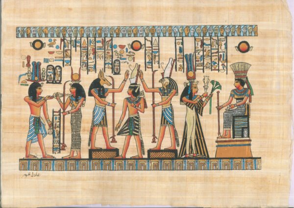 This view depicts the convention of gods and goddesses. In the left side the goddess ANQUET, who is shown here sitting an received offerings from the queen NEFERTARY, while god HORUS and ANUBIS put the pschent- double crown upon the head of the king RAMSES II and above his head the crown of feathers, which was guarded from the back and from the front by two serpents, two copra, this crown belongs to the god PATH, who gives offerings to the queen NEFERTARY, who taking the shape of the goddess HATHOR.