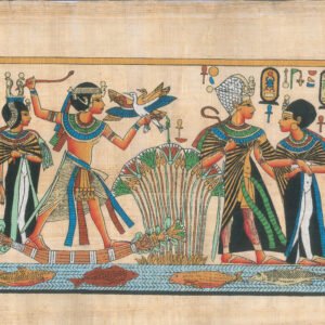 This view depicts the young king TUTANKHAMUN and his wife TUTANKHASON in double views, the first one ,where he hunting the birds from upon his skiff and the second,shown him standing with his wife. They carried love one other. This scene was taken from the hidden treasure in TUT tomb which was discovered by HOWARD CARTER and LORD CARNORVON in ۱۹۲۲