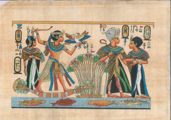This view depicts the young king TUTANKHAMUN and his wife TUTANKHASON in double views, the first one ,where he hunting the birds from upon his skiff and the second,shown him standing with his wife. They carried love one other. This scene was taken from the hidden treasure in TUT tomb which was discovered by HOWARD CARTER and LORD CARNORVON in ۱۹۲۲