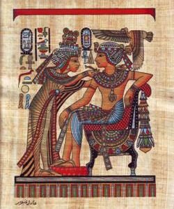 this views the king Tutankhamun, who is shown here sitting on the throne, which was made of wood with sheet gold and adorned with semiprecious stones, and in front of him his wife in a bow position