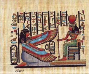 Queen Nefertiti is shown here sitting on a chair and holding a scepter in her right hand, in front of her the winged MAAT as a shape of young beautiful woman and upon here a feather of an ostrich