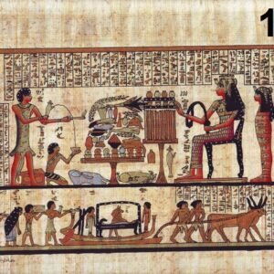 the Queen Nefertiti sitting before an offering table, in front of her, the hif=ghest priest who making pure of offering. under the queen a view for the deceased's journey to ABYDOS