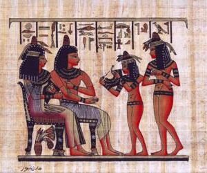 Two maids present jewels and necklaces to a couple sitting on chairs