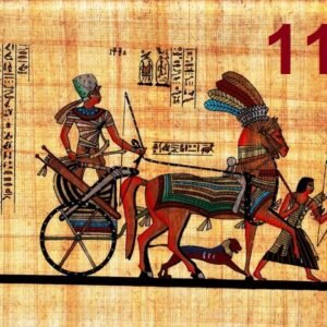 This view depicts the young king TUTANKHAMUN riding in his chariot and one of the guardians at the front of the horse and A hound runs besides chariot. It is considered the greatest and the most famous discoveries that belongs to the king TUTANKHAMUN's tomb, which was discovered in 1977 by HOWARD CARTER
