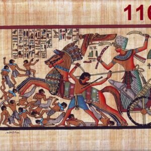 This view depicts the brave king RAMSES II riding in his chariot and armed with a spear during the battle of KADESH. His strength was appeared in this view through the numbers of his enemies, who were killed. He enrolled his triumph in this battle in long text, which is considered the longest texts in the EGYPTIAN literature. RAMSES II ruled for around Y years and died when he was more over hundred years.
