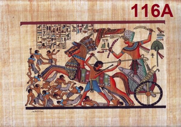 This view depicts the brave king RAMSES II riding in his chariot and armed with a spear during the battle of KADESH. His strength was appeared in this view through the numbers of his enemies, who were killed. He enrolled his triumph in this battle in long text, which is considered the longest texts in the EGYPTIAN literature. RAMSES II ruled for around Y years and died when he was more over hundred years.