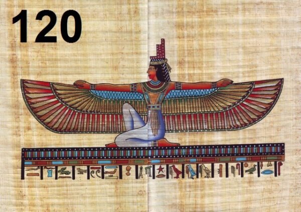 The winged ISIS is shown here sitting and upon her head, her symbol because she is connected with the legend of OSERIS, and because she struggled to get her husband alive again with the assistance the gods, "NEFTES and TAHOT" she is considered a symbol of loyalty. She had HORUS from her husband OSIRIS and brought him up to revenge of his uncle SIT "her husband's killer "she was worshiped all aver Egypt especially at Delta.