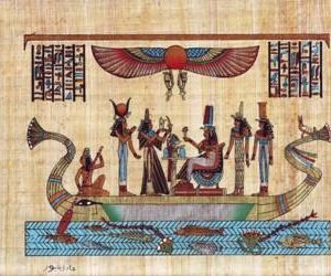 The queen Nefertary in a party on her boat, and behind her two sisters' goddess Isis and nephtes, surmounted by the winged sun-disk