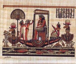 this view depicts the queen Nefertary sitting on her chair and surmounted by her umbrella on her private boat which takes the shape of the Khanum's head