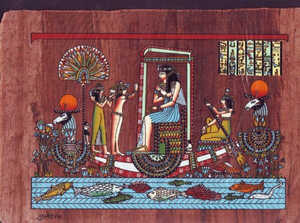 this view depicts the queen Nefertary sitting on her chair and surmounted by her umbrella on her private boat which takes the shape of the Khanum's head