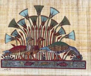 This view depicts the life of the swamps on the beaches of the river Nile. The scene shows the water of the Nile, surrounded by the plants, flowers and the green grass especially papyrus, while the geese were eating these plants