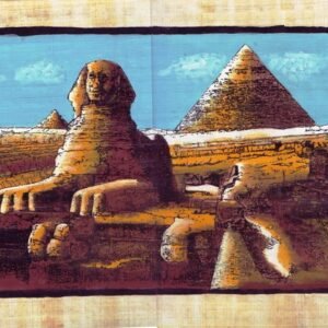 This view depicts KHAFRAA's pyramid and a colossi of the sphinx, which represents the king him self. The sphinx was built according to an order form the king KHAFRAA to guard the western corridors in GIZA, and to protect his tomb-his pyramid- the sphinx's body represents a lion which symbolize for strength and its head as a human's head, symbolizing for the wisdom.