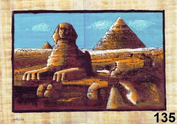This view depicts KHAFRAA's pyramid and a colossi of the sphinx, which represents the king him self. The sphinx was built according to an order form the king KHAFRAA to guard the western corridors in GIZA, and to protect his tomb-his pyramid- the sphinx's body represents a lion which symbolize for strength and its head as a human's head, symbolizing for the wisdom.