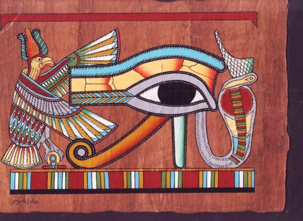 An excellent view depicts the guardian eye of HORUS, which is guarded by the goddesses of lower and upper Egypt " NEKHBET and WADJET " the eye of HORUS is one of the strongest amulets and it is so famous. It represents the eye, Which uprooted from the heaven to god HORUS. Below it we will find a strong drawing similar to the falcon, which indicate that the eye has an ability to see every thing. The ancient Egyptians thought that it save = prosperity and an ability of procreation during life.