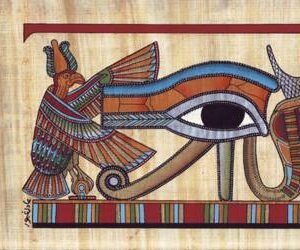 An excellent view depicts the guardian eye of HORUS, which is guarded by the goddesses of lower and upper Egypt " NEKHBET and WADJET " the eye of HORUS is one of the strongest amulets and it is so famous. It represents the eye, Which uprooted from the heaven to god HORUS. Below it we will find a strong drawing similar to the falcon, which indicate that the eye has an ability to see every thing. The ancient Egyptians thought that it save = prosperity and an ability of procreation during life.