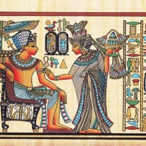KING TUTANKHAMUN AND HIS WIFE HOLDING FLOWERS This view depicts the young king TUTANKHAMUN, who is shown here sitting on the throne and his TUTANKHASON, who was the third daughter for EKHNATON and NEFETARY, who offers flowers to the king. it is one of the contents, which belongs to TUT's tomb, which was discovered by HOAWRD CARTER and lord CARNORVON in ۱۹۲۲.