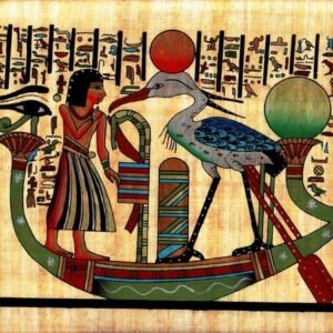 This view depicts the Lord ANY from the Book of the Dead, who is shown here standing, on his boat at the front of the PHOENIX, which was a symbol of the sun