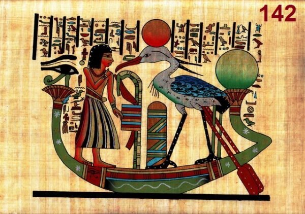 This view depicts the Lord ANY from the Book of the Dead, who is shown here standing, on his boat at the front of the PHOENIX, which was a symbol of the sun
