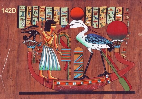 This view depicts the Lord ANY from the Book of the Dead, who is shown here standing, on his boat at the front of the PHOENIX, which was a symbol of the sun