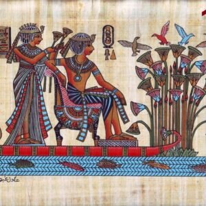 This view depicts the young king TUTANKHAMUN and his wife TUTANKHASON, who was the third daughter for EKHNATON and NEFERTARY, where they were enjoying in a picnic in the Nile from upon their boat among papyrus thicket. His wife proffers flowers to him and enjoying with a scene of birds in a papyrus thicket. This scene was taken from the hidden treasure in TUTANKHAMUN's tomb, which was discovered in ۱۹۲۲۰