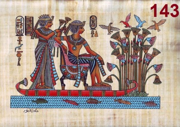 This view depicts the young king TUTANKHAMUN and his wife TUTANKHASON, who was the third daughter for EKHNATON and NEFERTARY, where they were enjoying in a picnic in the Nile from upon their boat among papyrus thicket. His wife proffers flowers to him and enjoying with a scene of birds in a papyrus thicket. This scene was taken from the hidden treasure in TUTANKHAMUN's tomb, which was discovered in ۱۹۲۲۰