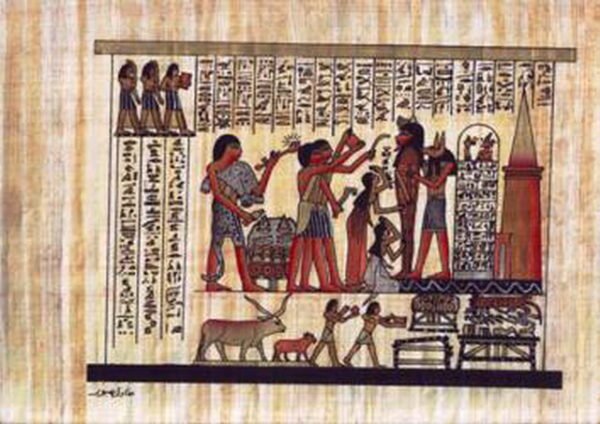 This view depicts the process of opening the mouth by the high priest "SM who put on a mask of the god ANUBIS to pure the dead. This view from the Book of the Dead of HUNNEFER s papyrus The mummification has been considered mysterious science. The ancient Egyptians believed that the death is not the end of the life, but it is a dangerous journey, through which the materials, which are in the person separates. They believed also that if it is possible to recollect these materials again, the man would live a new life similar to the previous life which he had spent it on the earth.