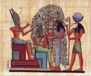 This view depicts the master MNNA sitting beside the eternity tree, while the gods THOT, PTAH and the goddess SESHETA, who was the goddess of writing to register his name to live forever in other world. This scene is regarded the most important of decorations scenes in ancient Egypt and it was colored by a marvelous colors. It was taken from MNNA's tomb, who was the greatest employer in the Egyptian's treasury.