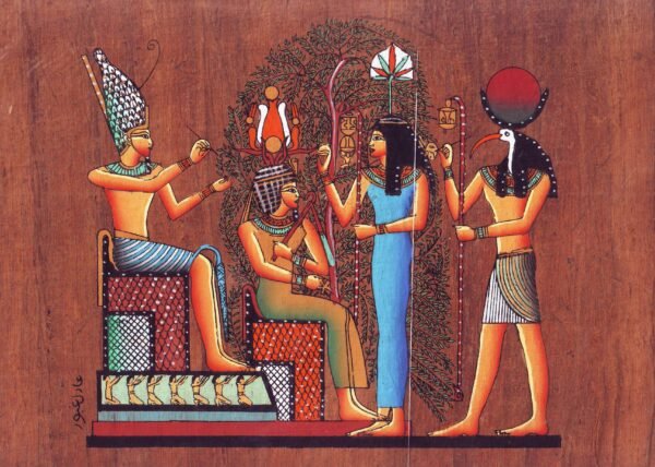 This view depicts the master MNNA sitting beside the eternity tree, while the gods THOT, PTAH and the goddess SESHETA, who was the goddess of writing to register his name to live forever in other world. This scene is regarded the most important of decorations scenes in ancient Egypt and it was colored by a marvelous colors. It was taken from MNNA's tomb, who was the greatest employer in the Egyptian's treasury.