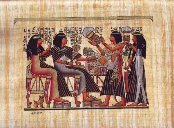 This view depicts one of the highest people and his wife. They are shown here sitting on chairs and receiving jewels and flowers from two maids. There is a cat under the wife chair. This scene was taken from the 19th Dynasty.
