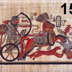 Here TUTANKHAMUN is depicted in a heroic form. He stands alone in his chariot, driving his team of horses at full speed in the chase after ostriches in the Eastern Desert. two birds have been shot with the kingos arrows, and his hound bounds forward to retrieve them. A fine symbolic touch in the design is the ostrich fan. We see here TUTOs cartouche in front of the chariot.