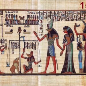A part of ANHAY papyrus, from the Book of the Dead. This view depicts MAAT's judgment, where the god HORUS taking the dead to the god ANUBIS, who weighing the heart, he put the dead's heart in one side of the scale and MAATOS feather in the other side; in order to know if the man was a guilty or belongs to MAAT, which indicate that he was a good man. TOHOUT is shown here registering the result