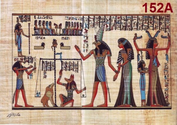 A part of ANHAY papyrus, from the Book of the Dead. This view depicts MAAT's judgment, where the god HORUS taking the dead to the god ANUBIS, who weighing the heart, he put the dead's heart in one side of the scale and MAATOS feather in the other side; in order to know if the man was a guilty or belongs to MAAT, which indicate that he was a good man. TOHOUT is shown here registering the result