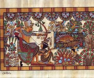 This view depicts the king TUT, who is shown here standing in his garden and before him a sink of fishes and birds, he hunts them. The young king TUT died in the 4th year of his reign. He is the last pharaoh in the 14th Dynasty. His fame due to his tomb, which was discovered by HOWARD CARTER and Lord CARNARVON in the valley of the kings at THEBES in 1977