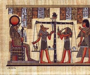 This view depicts the judgment of HORUS and his uncle SET, where THOTH and ANUBIS are shown making the process of weighing the heart; in order to know if he was guilty or not. HORUS was the heavens god similar to the hawk. He was for sometime the god of space taking the sun and the moon as if they were his eyes. Further more his name is connected with the myth of ISIS and OSIRIS. He was the son, who was brought up by his mother ISIS to revenge of his evil uncle SET, who killed his father. After revenging he inherited the whole earth, which SET had gone to the thunder in the sky