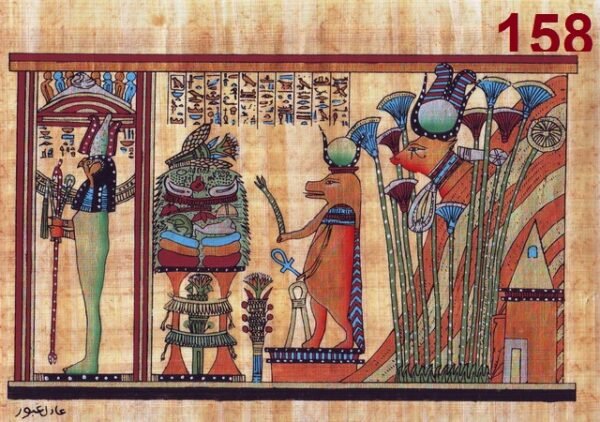 This view depicts the goddess HATHOR as a shape of cow, who is shown here coming from the swamps and in front of her the goddess TAWART, who is shown here receiving offerings. After the offerings, there are a closet, inside it the god HORUS.