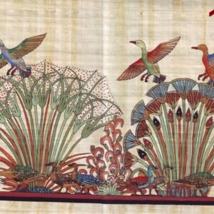 This view depicts the life of the swamps, where the birds enjoying with the beauty of the scene of papyrus and flowers. They flying among this grass. The geese enjoying with having its feed. The papyrus was planted in a long distance of the valley; thus the ancient Egyptians adopted it as a symbol for life. In addition to, it was as a symbol for triumph and happiness; therefore the ancient Egyptians used it for making an excellent packets of flowers, which was presented to the gods and the dead.