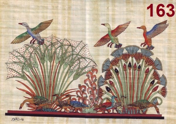 This view depicts the life of the swamps, where the birds enjoying with the beauty of the scene of papyrus and flowers. They flying among this grass. The geese enjoying with having its feed. The papyrus was planted in a long distance of the valley; thus the ancient Egyptians adopted it as a symbol for life. In addition to, it was as a symbol for triumph and happiness; therefore the ancient Egyptians used it for making an excellent packets of flowers, which was presented to the gods and the dead.